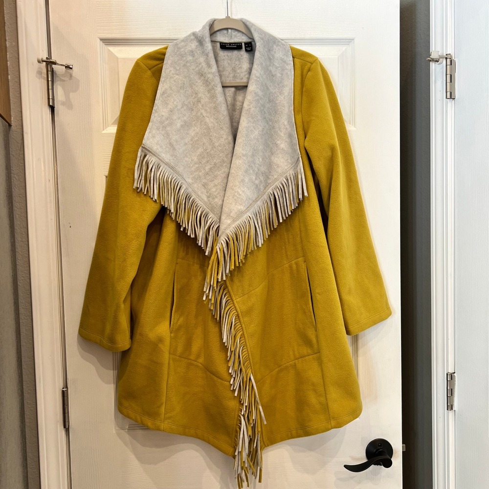 Susan Graver Weekend Cardigan Polyester Fleece Mustard Yellow Fringe Boho XL